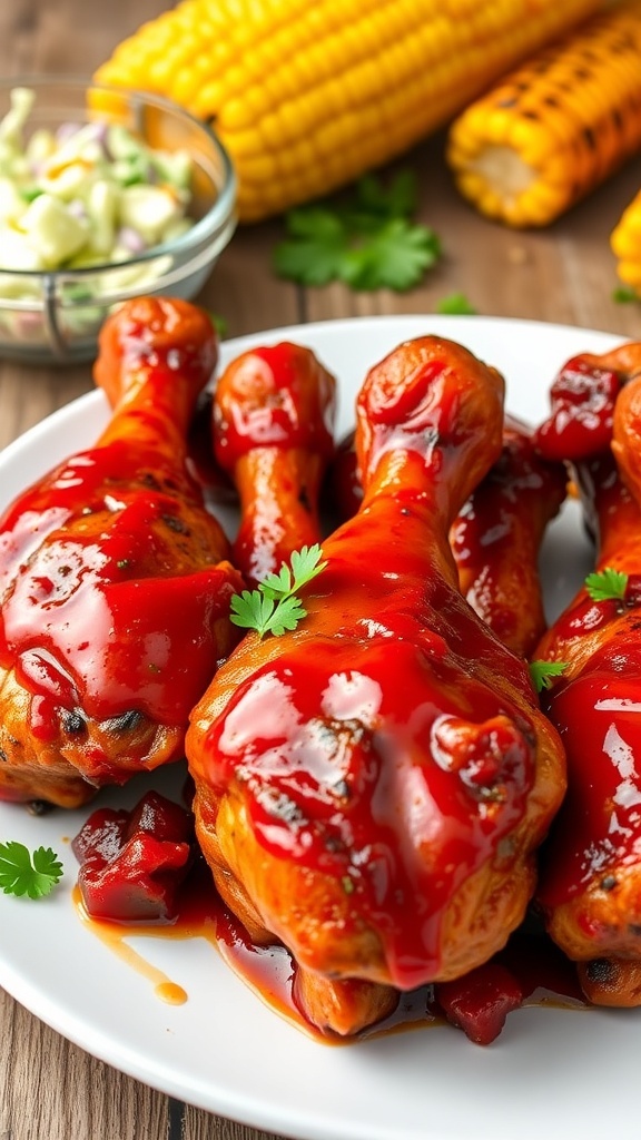 Grilled BBQ chicken drumsticks on a plate, garnished with parsley, served with coleslaw and corn.